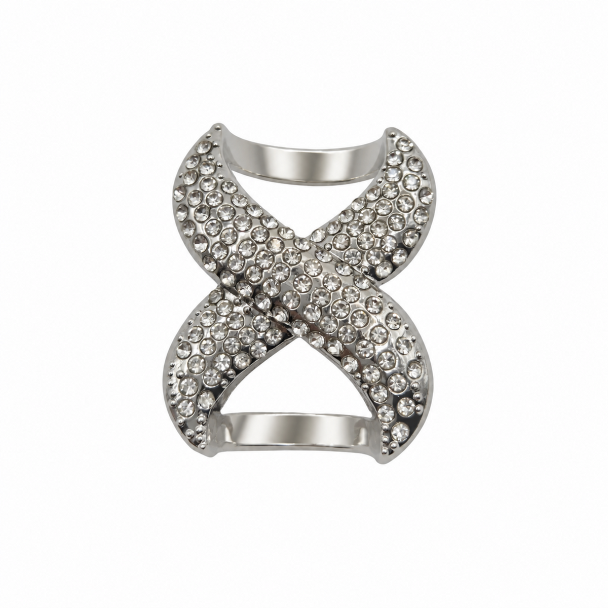 A silver-toned scarf ring featuring an openwork X-shaped design paved with clear rhinestones, set against a plain white background.