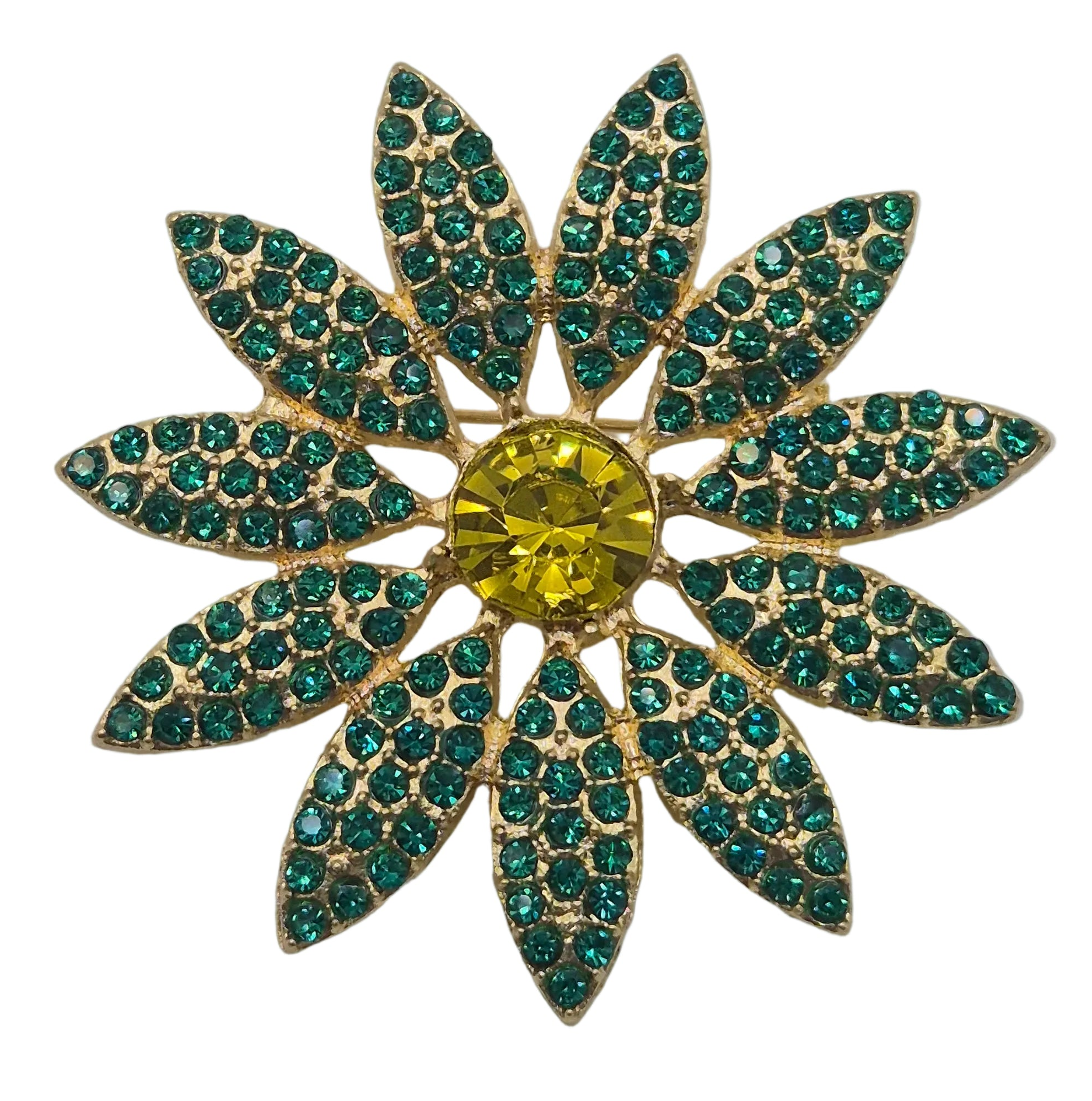 A gold-tone flower-shaped brooch with green rhinestone petals and a yellow center stone, shown on a plain white background.