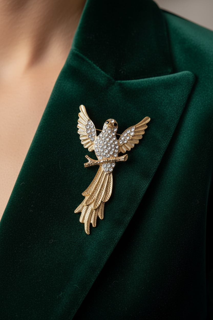 A gold bird brooch embellished with clear crystals, pinned to a dark green velvet blazer lapel.