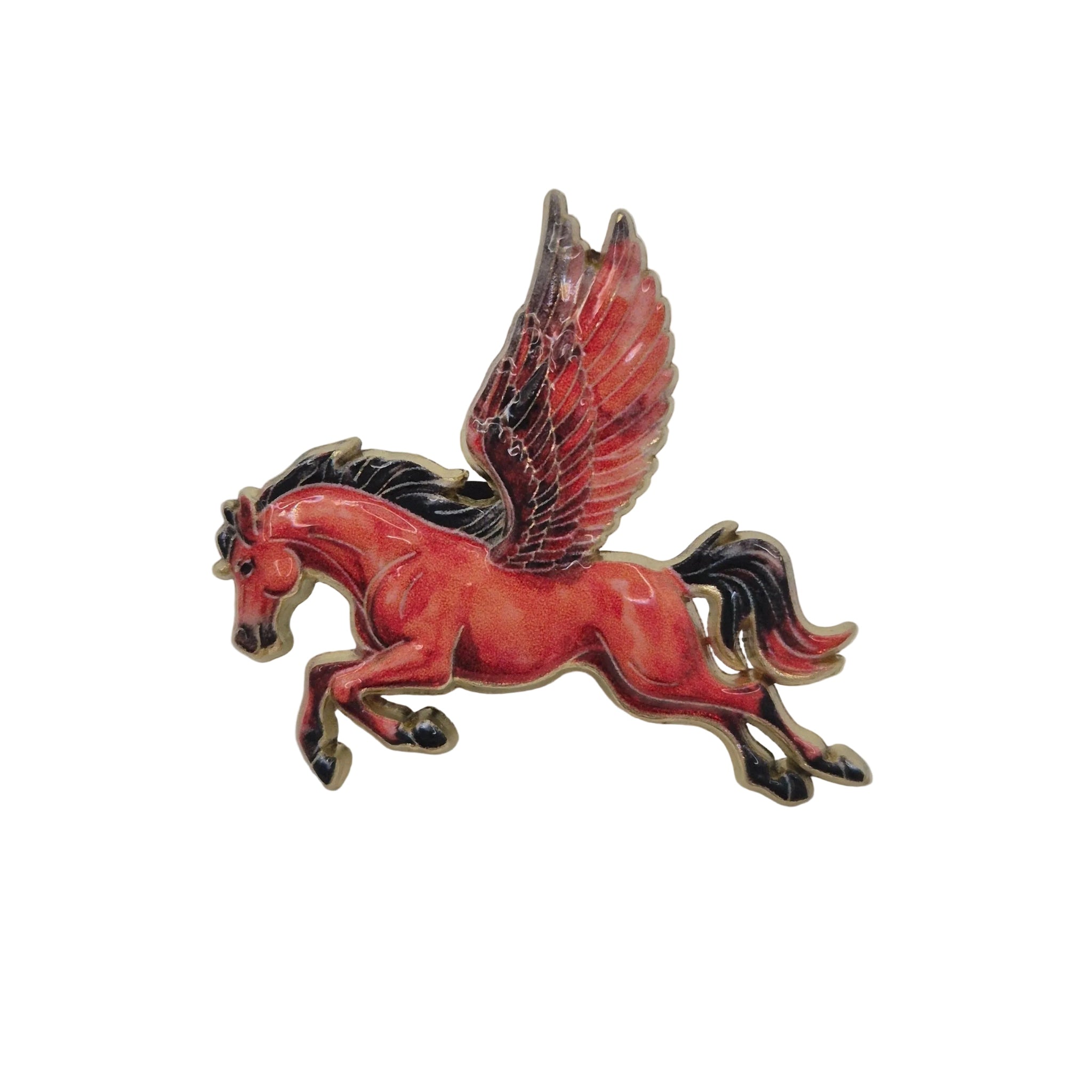 A small enamel pin of a red Pegasus with black details and gold-toned metal outlines, shown on a plain light white background.