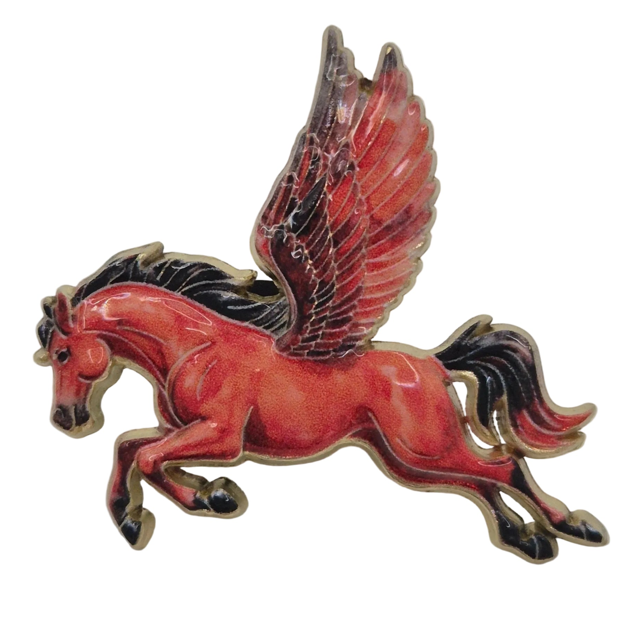 A winged horse brooch or pin featuring a glossy red and black Pegasus design with gold-toned metal outlines, shown on a plain white background.