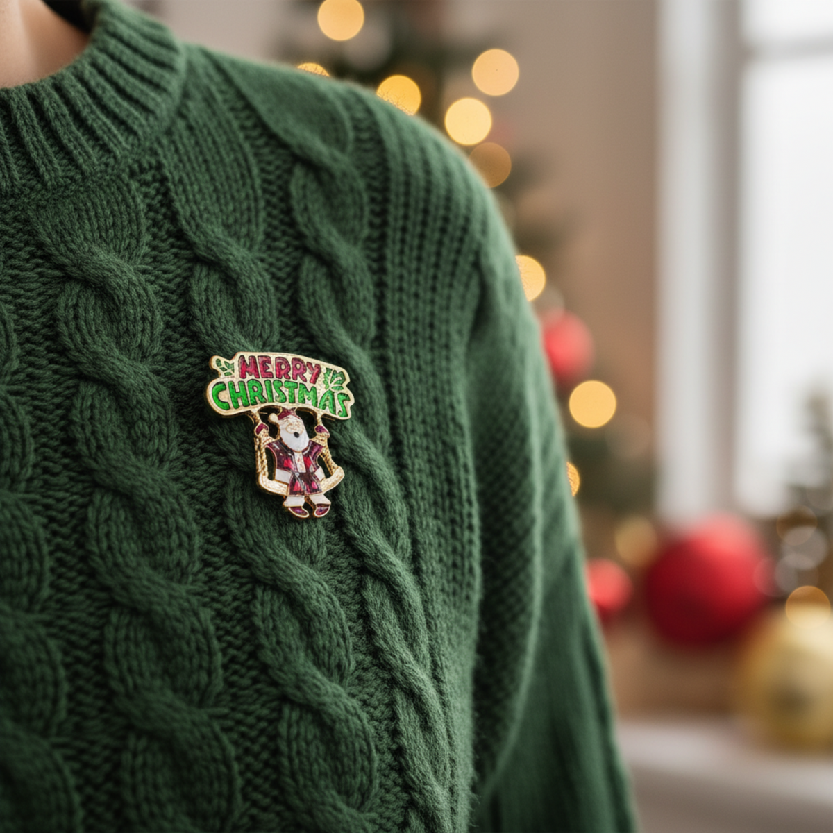 A close-up lifestyle shot of a person wearing a dark green cable-knit sweater and a 'Merry Christmas' bear enamel pin, with a blurred Christmas tree and festive lights in the background.