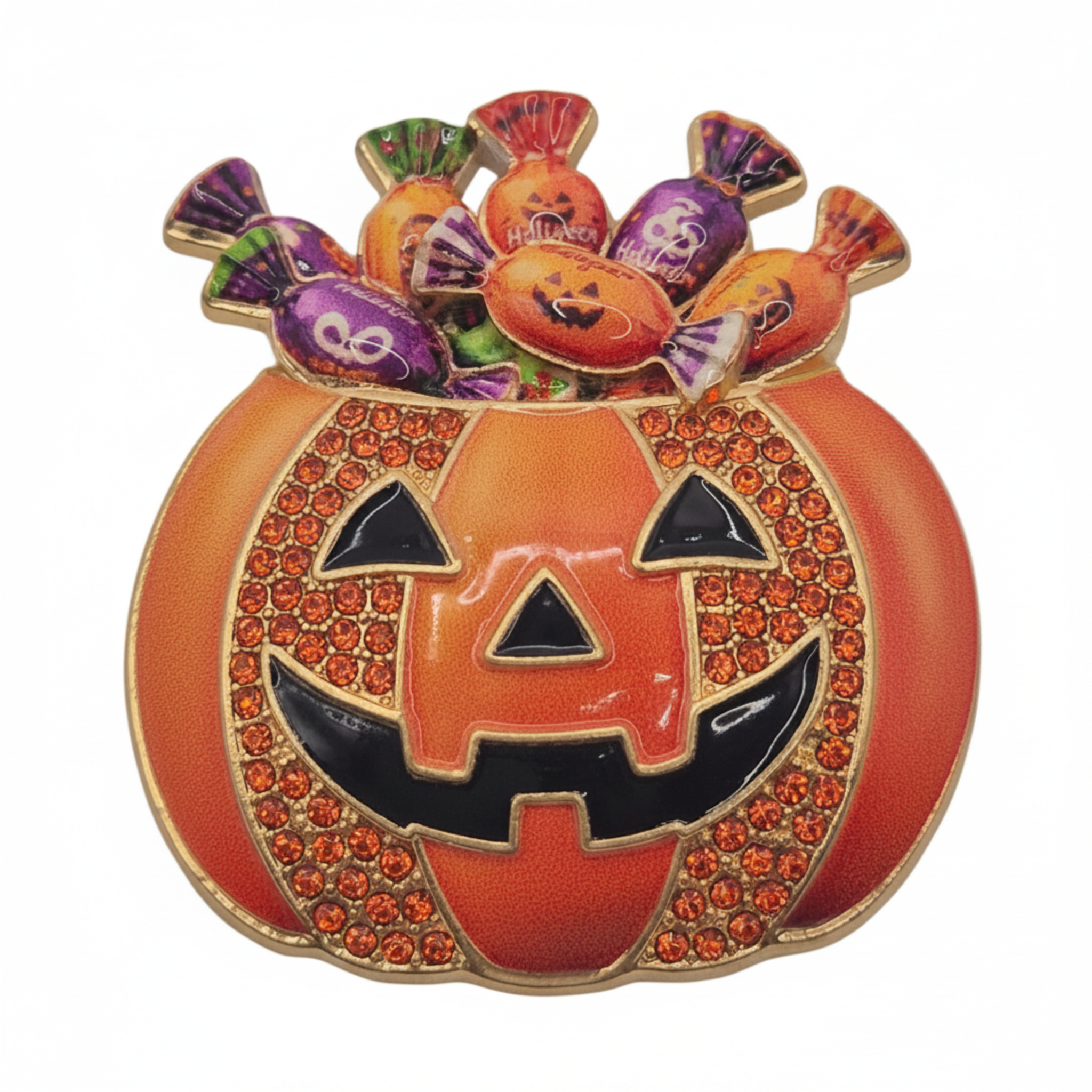 A Halloween-themed enamel pin shaped like a jack-o'-lantern pumpkin with candy overflowing from the top, close up shot shown on a plain white background.