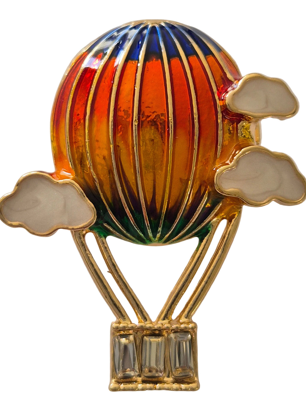 Colorful hot air balloon brooch with clouds on a white background