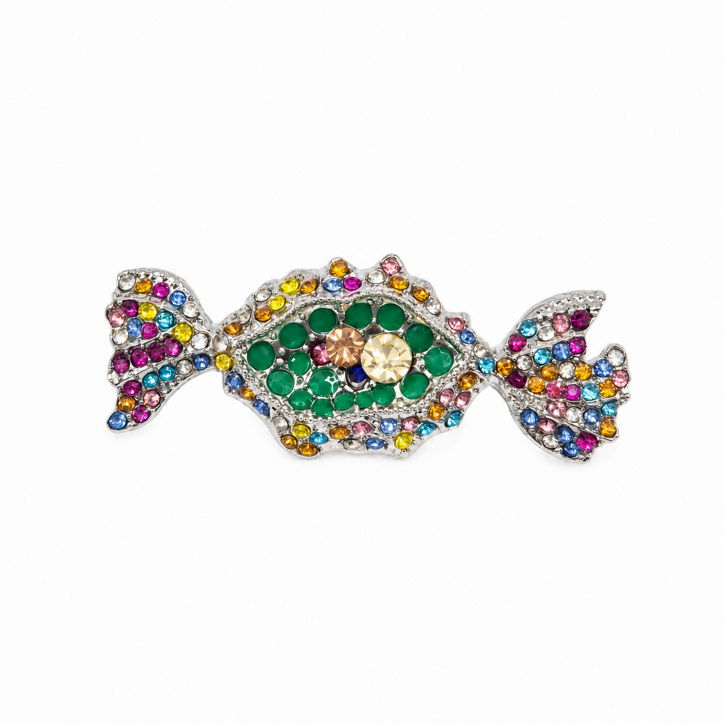 Colourful rhinestone candy brooch pin, displayed against a plain white background.