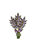 Purple  lavender gemstone brooch with green setting on a light gray background