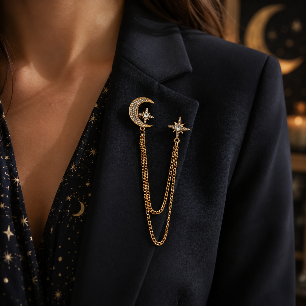 A close-up of a person wearing a gold-toned double-chain brooch with a crescent moon and star designs, pinned to a dark navy blazer over a matching star-patterned top.