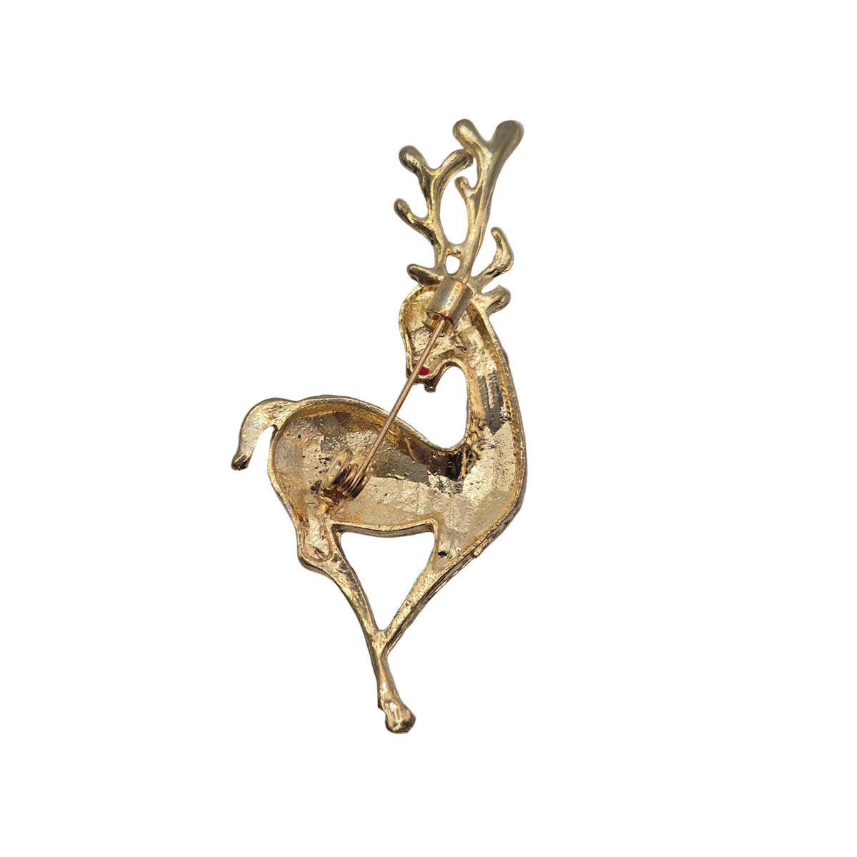 Reverse side of a festive reindeer brooch, shown against a plain white background.