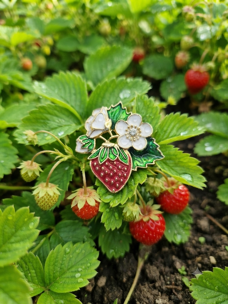 A strawberry-themed brooch with a red strawberry, white flowers, and green leaves, pinned onto a strawberry plant in a garden.