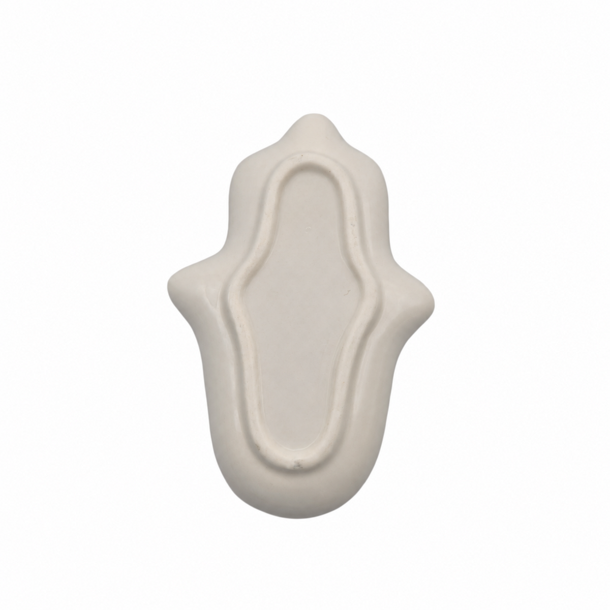 An off-white ceramic Hamsa hand trinket dish decor piece with a textured matte finish, shown against a plain white background.