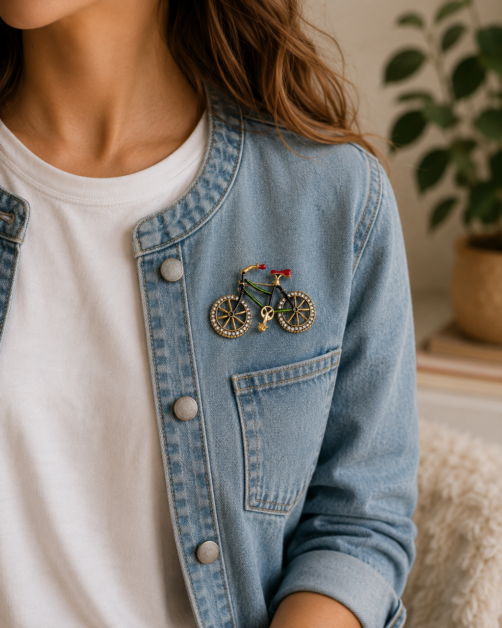 A close-up of a person wearing a light blue denim jacket over a white t-shirt, featuring a small bicycle-shaped lapel pin on the chest pocket.