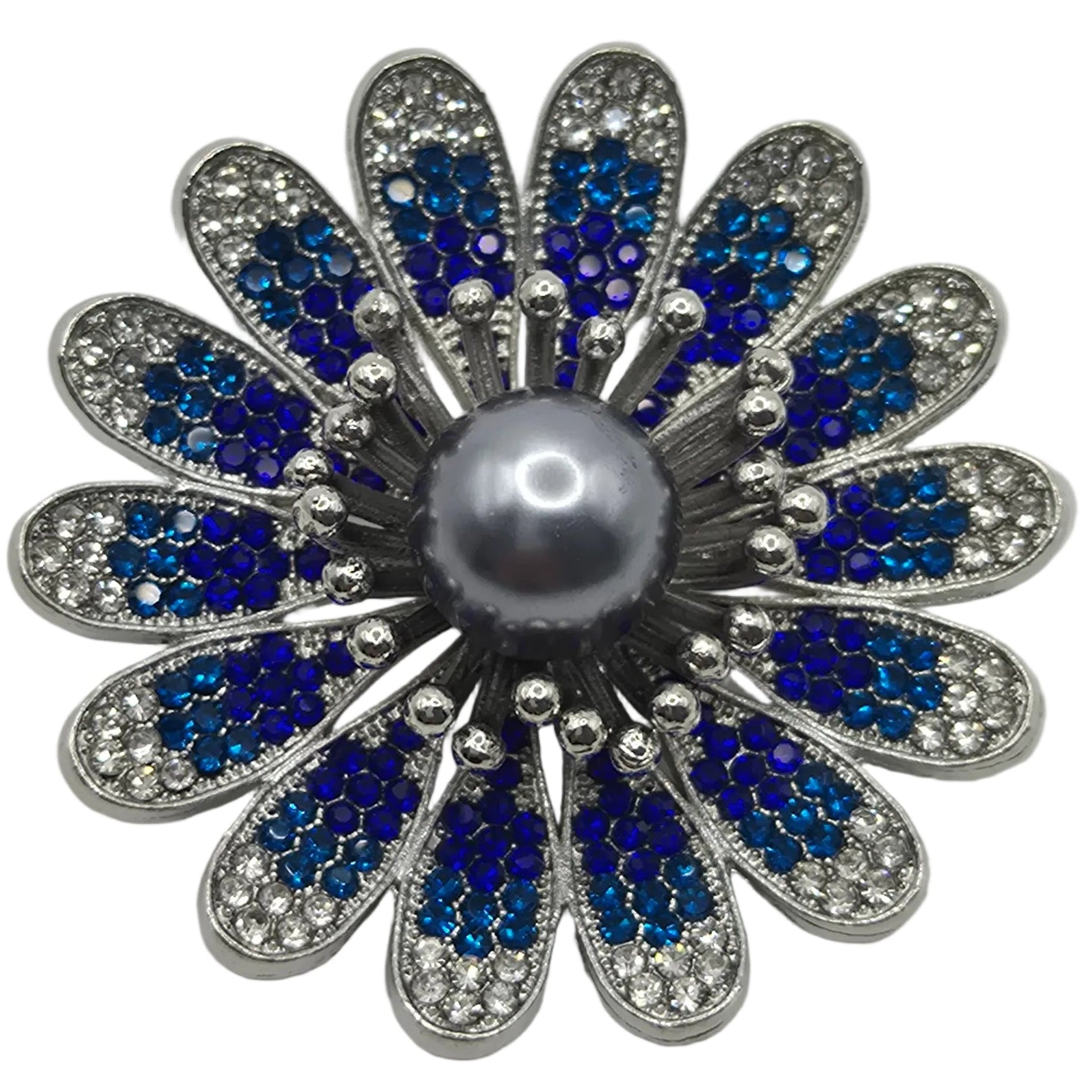A silver-tone flower-shaped brooch featuring a central gray pearl surrounded by blue and silver rhinestone petals, set against a plain white background.