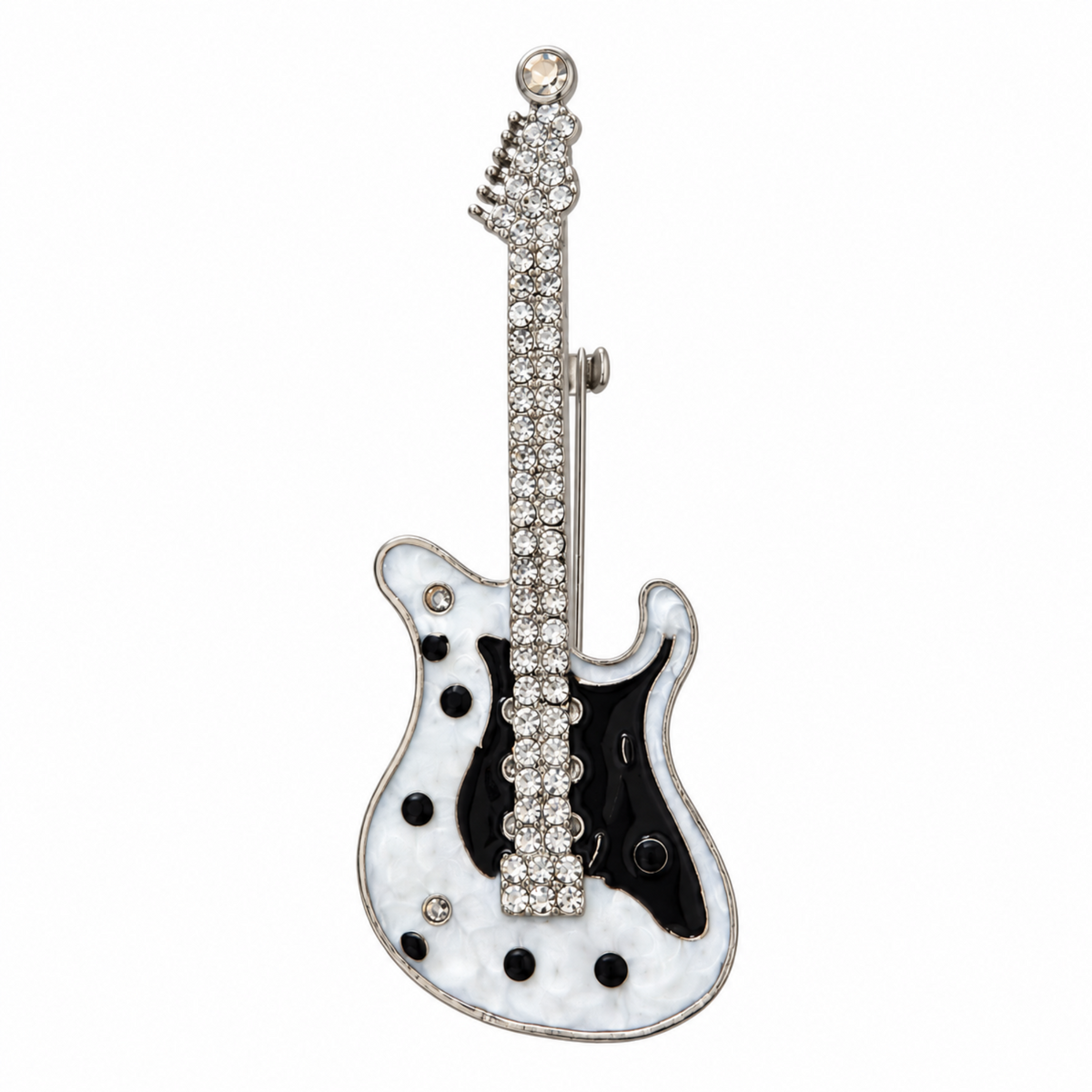 Black and pearlescent white enamel electric guitar brooch with clear rhinestones along the neck and silver-tone edging.