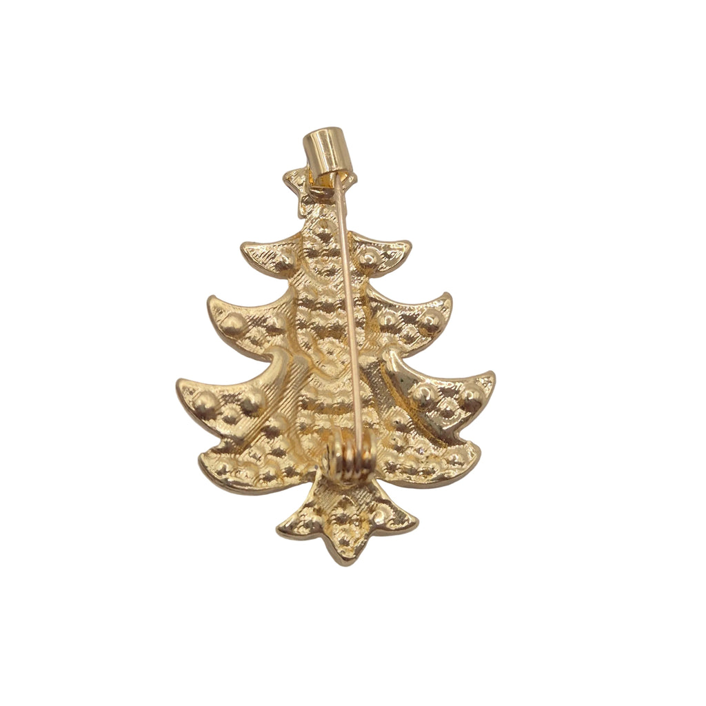 A gold Christmas tree-shaped brooch with a textured, beaded surface and a pin-back fastener at the top, shown on a plain white background.