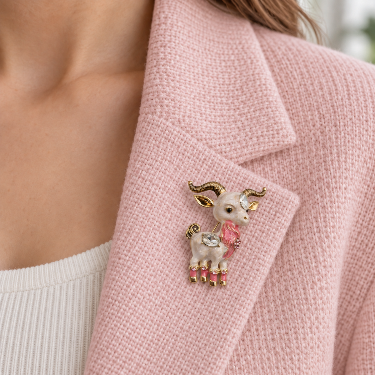 Pink and white ram brooch with gold horns and crystal details, pinned to the lapel of a soft blush-pink jacket.