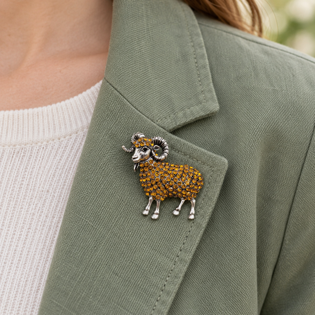 Amber rhinestone ram brooch with silver-tone curled horns, styled on the lapel of a sage-green jacket.