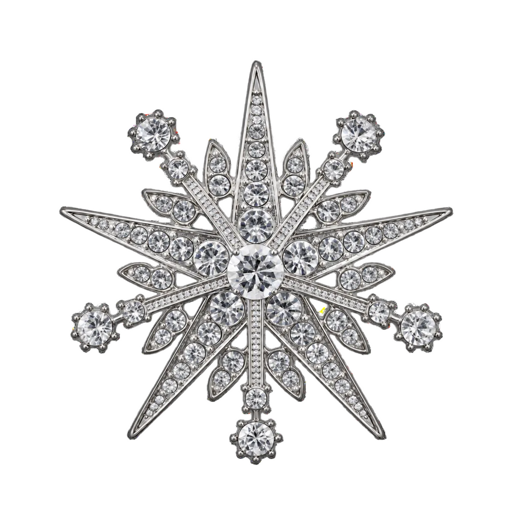 A silver snowflake or star shaped brooch or pin embellished with clear crystals, shown on a plain white background.