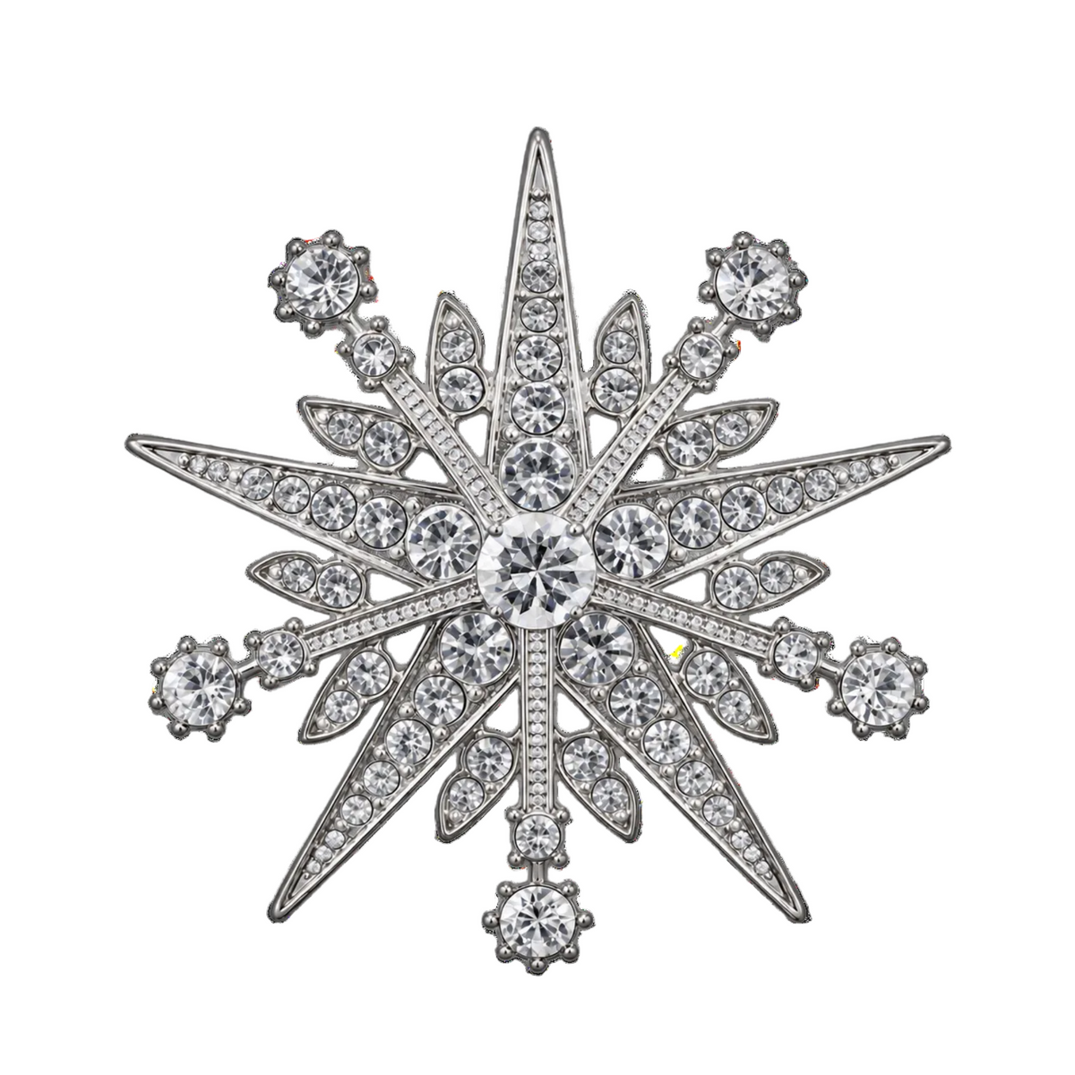 A silver snowflake or star shaped brooch or pin embellished with clear crystals, shown on a plain white background.