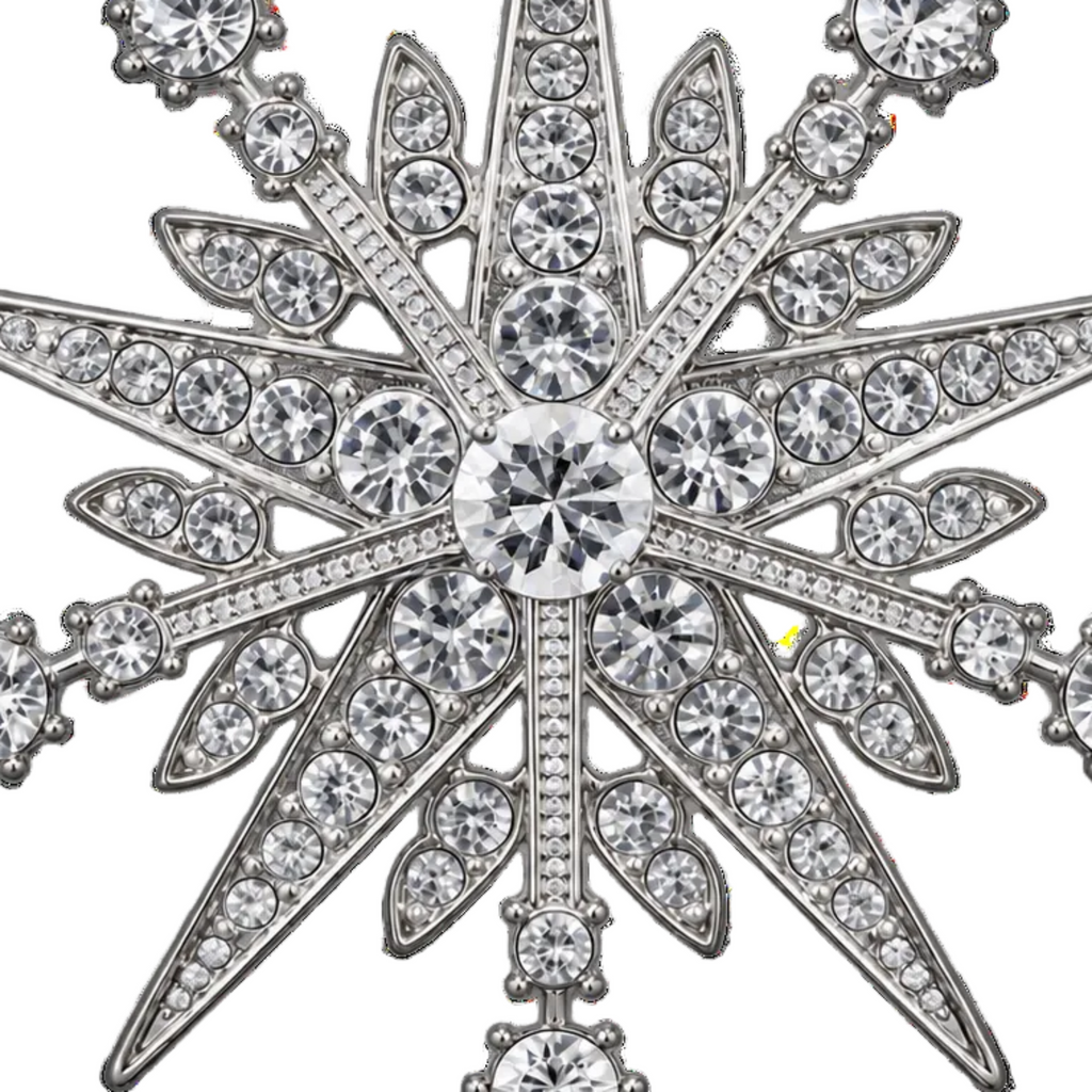 A silver-toned star brooch embellished with numerous clear round and oval crystals, shown in a close-up studio view on a white background.