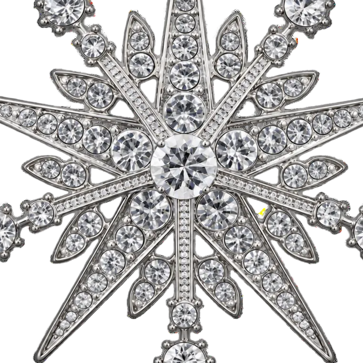 A silver-toned star brooch embellished with numerous clear round and oval crystals, shown in a close-up studio view on a white background.