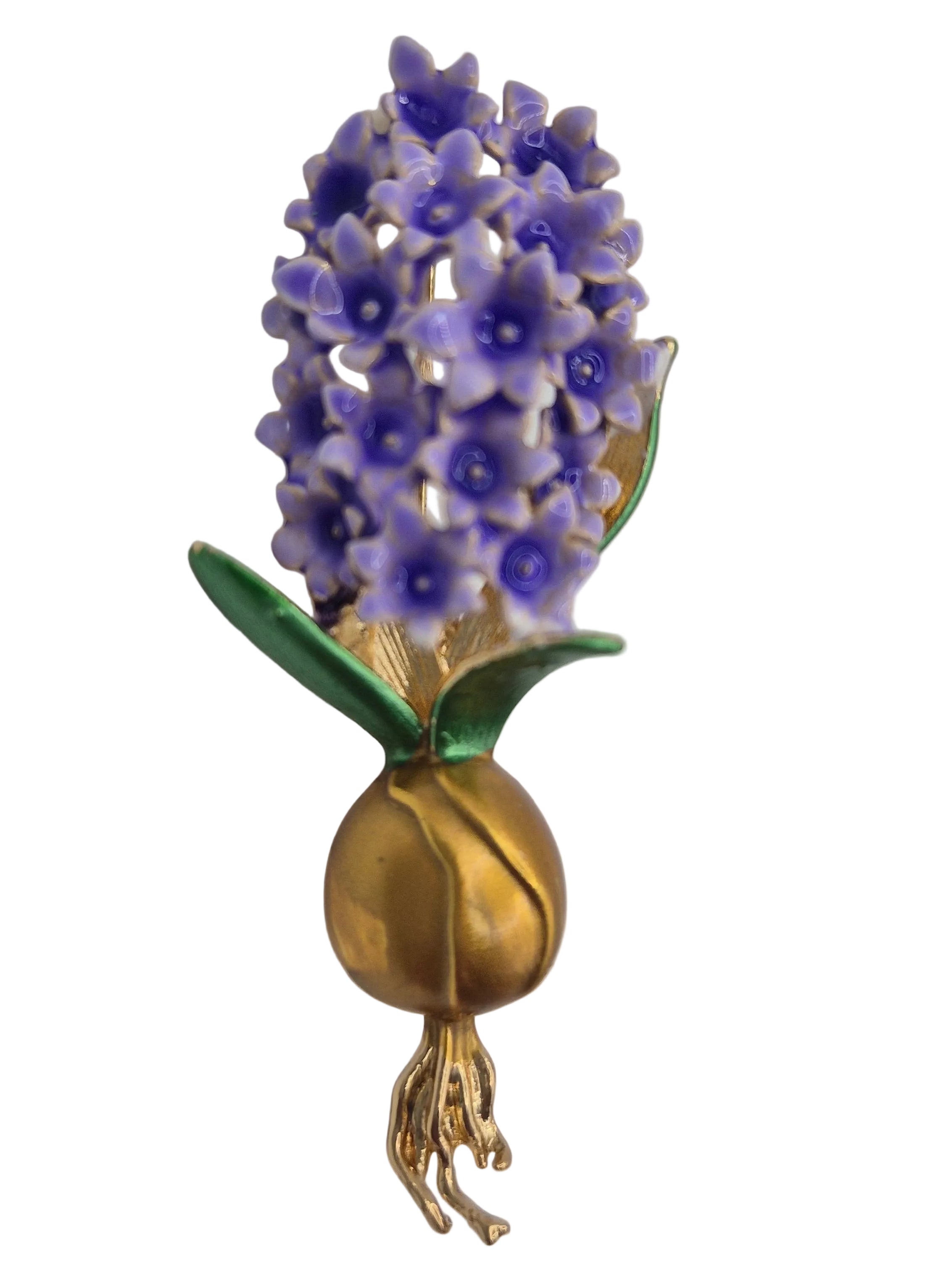 Purple Hyacinth Flower Brooch - purple hyacinth brooch with gold detail on grey background