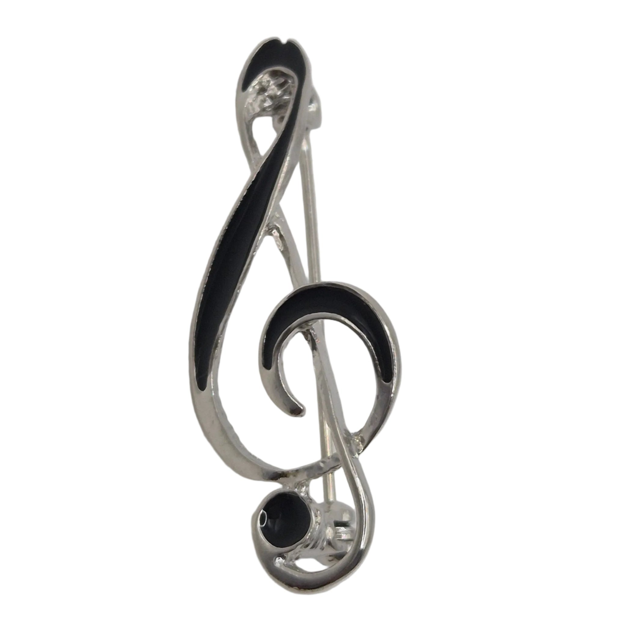 A silver-tone treble clef pin with black enamel accents, photographed on a solid white background.