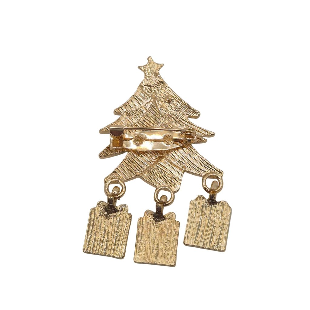 A gold Christmas tree brooch with three dangling rectangular ornaments, shown on a plain white background.