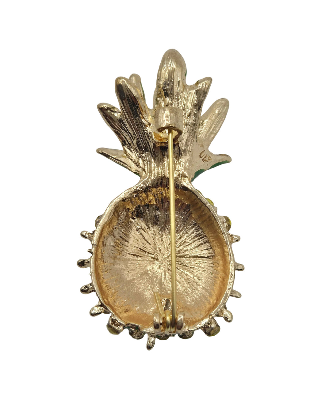 Gold pineapple-shaped brooch on a white background