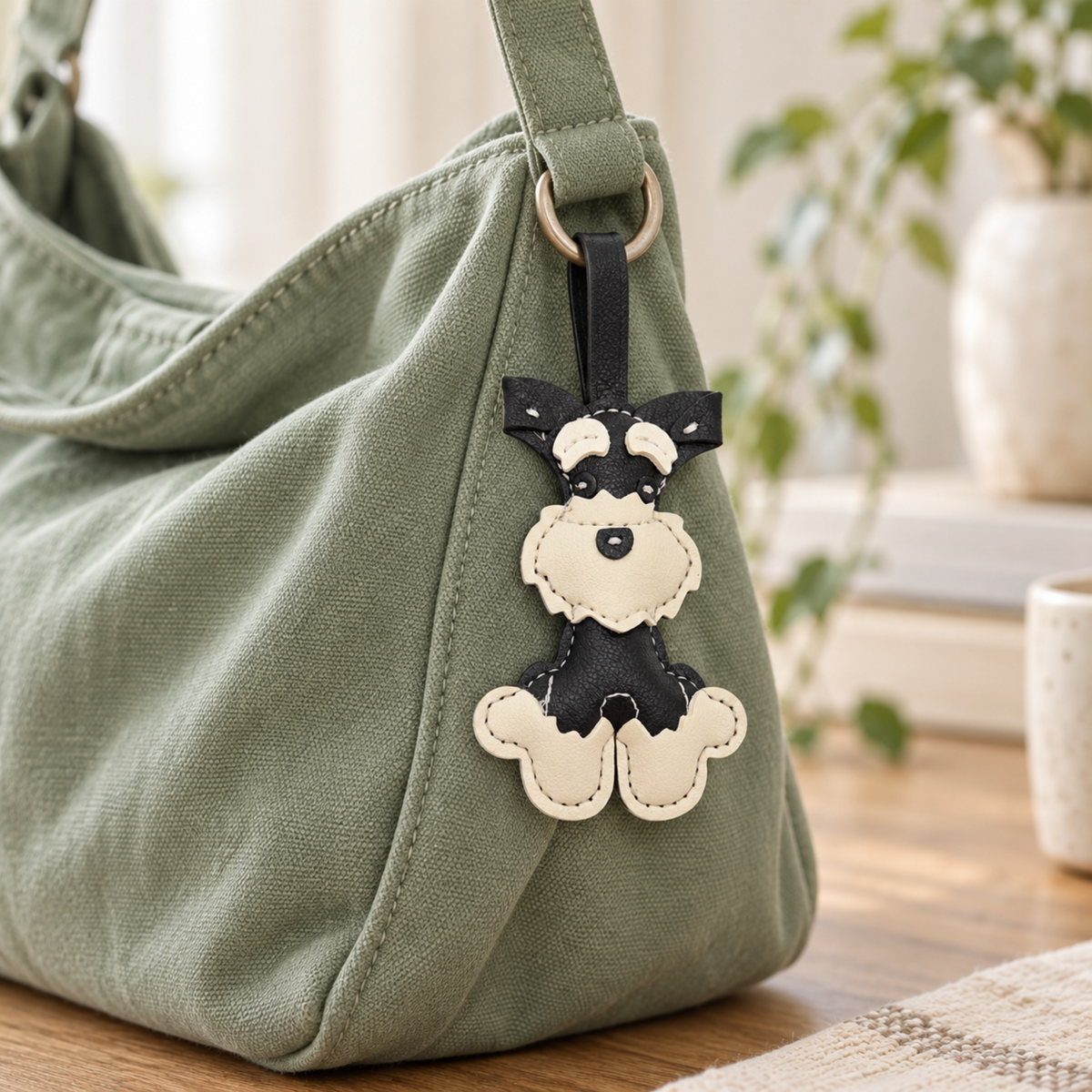 An olive green canvas shoulder bag with a black and cream dog-shaped leather charm hanging from a metal ring, shown on a wooden surface with a softly blurred indoor background.