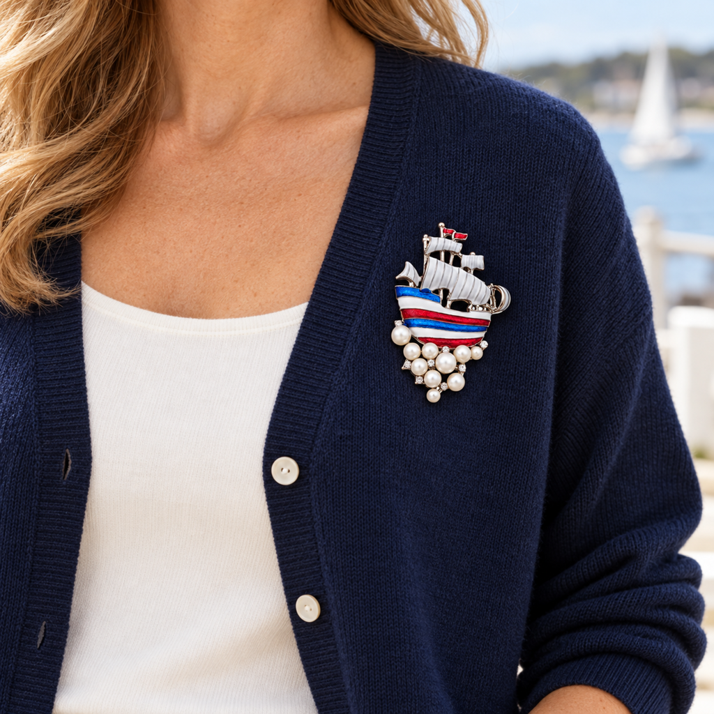 A close-up of a woman wearing a navy blue knit cardigan over a white top, featuring a decorative nautical ship and pearl brooch on the left chest, with a blurred seaside background.