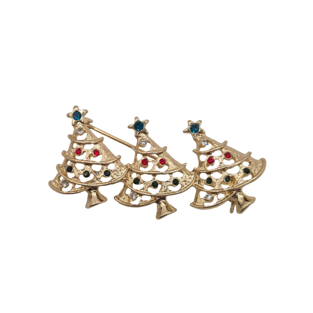 Three gold Christmas trees in a row brooch decorated with colourful rhinestones. Displayed on a plain white background.