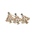 Three gold Christmas trees in a row brooch decorated with colourful rhinestones. Displayed on a plain white background.