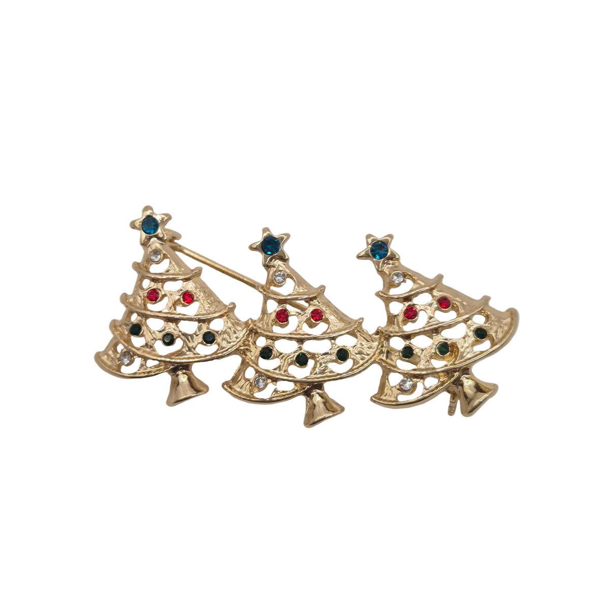 Three gold Christmas trees in a row brooch decorated with colourful rhinestones. Displayed on a plain white background.