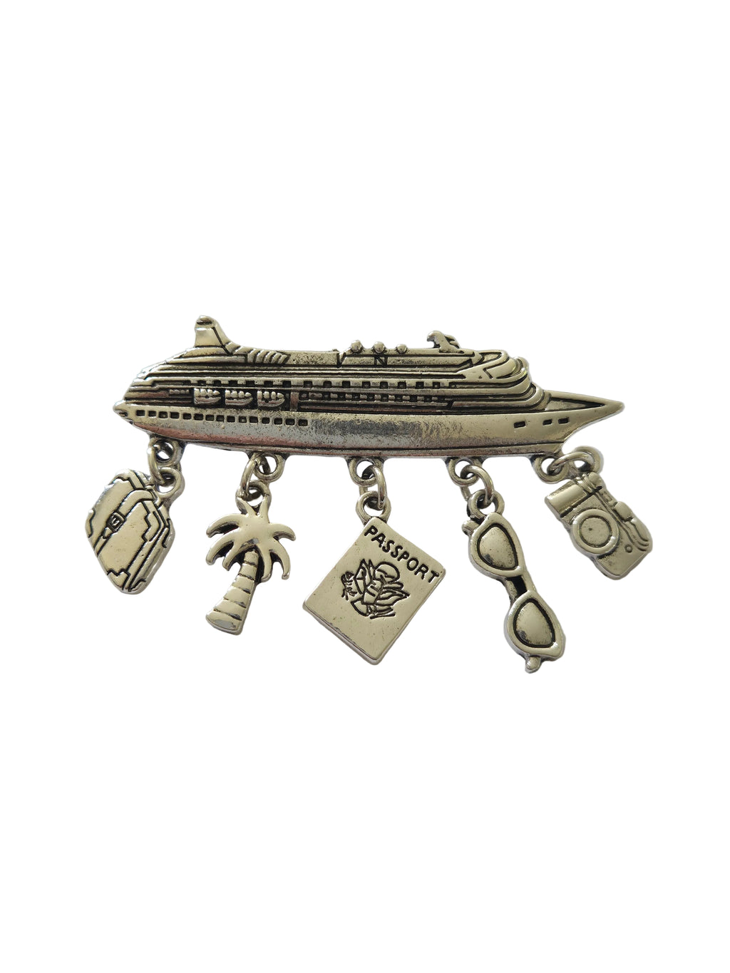 Silver charm brooch with various charms on a light gray background