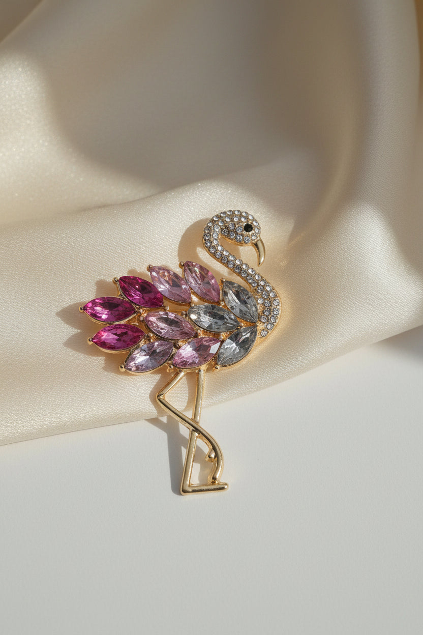 Pink Flamingo Brooch - pink flamingo brooch with rhinestone detail on grey background