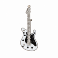 A guitar-shaped brooch featuring a white  body with black accents, a black pickguard, and a silver-tone neck and headstock embellished with clear rhinestones, shown on a plain white background.