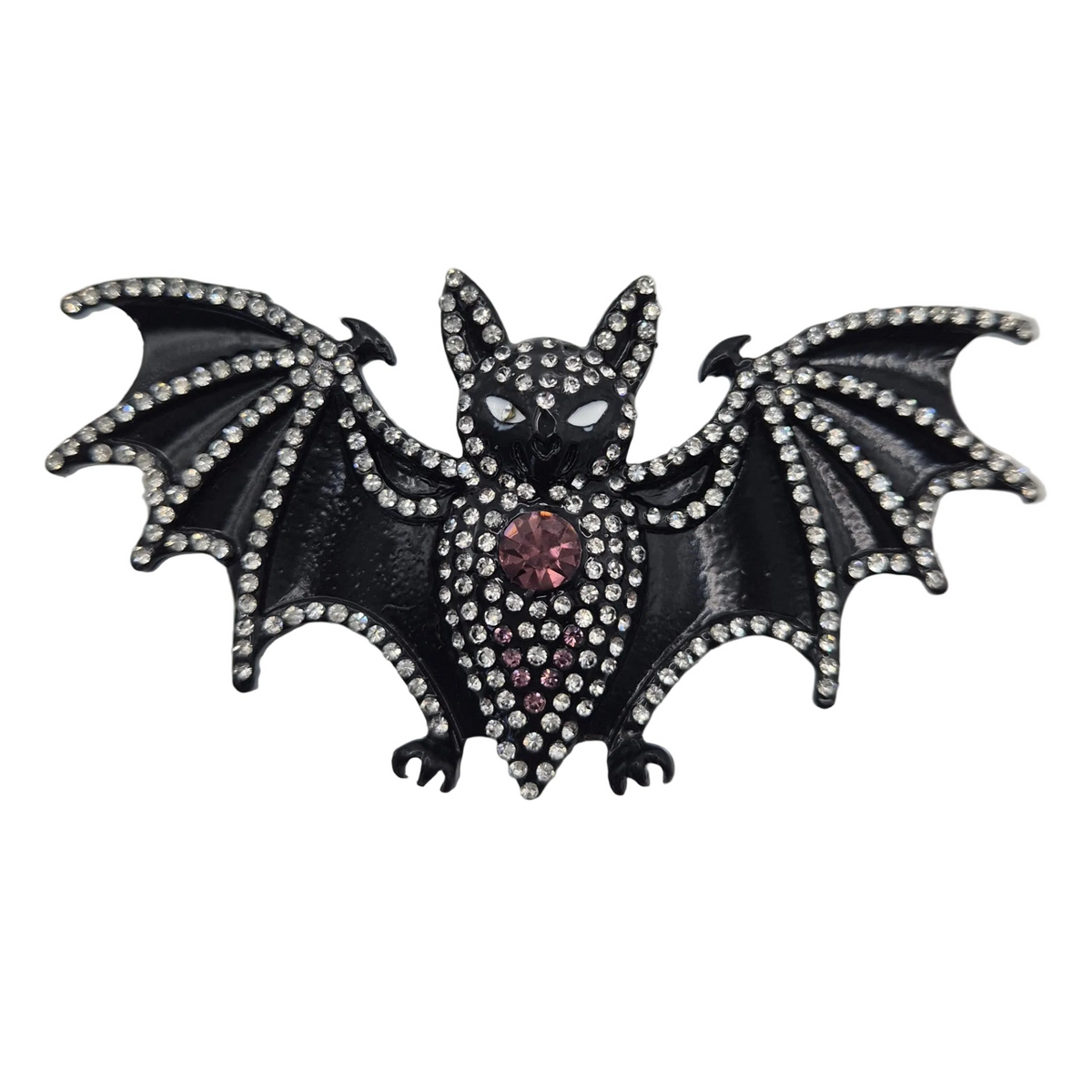 A black bat-shaped brooch or pin embellished with silver rhinestones and a central pink gemstone, shown on a plain white background.