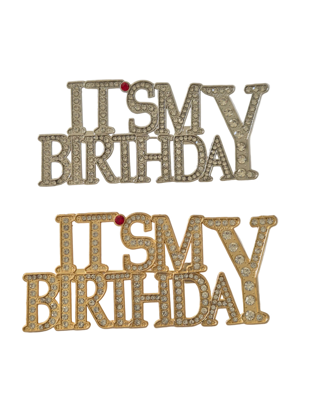 its my birthday brooch with rhinestone detail text on a light gray background