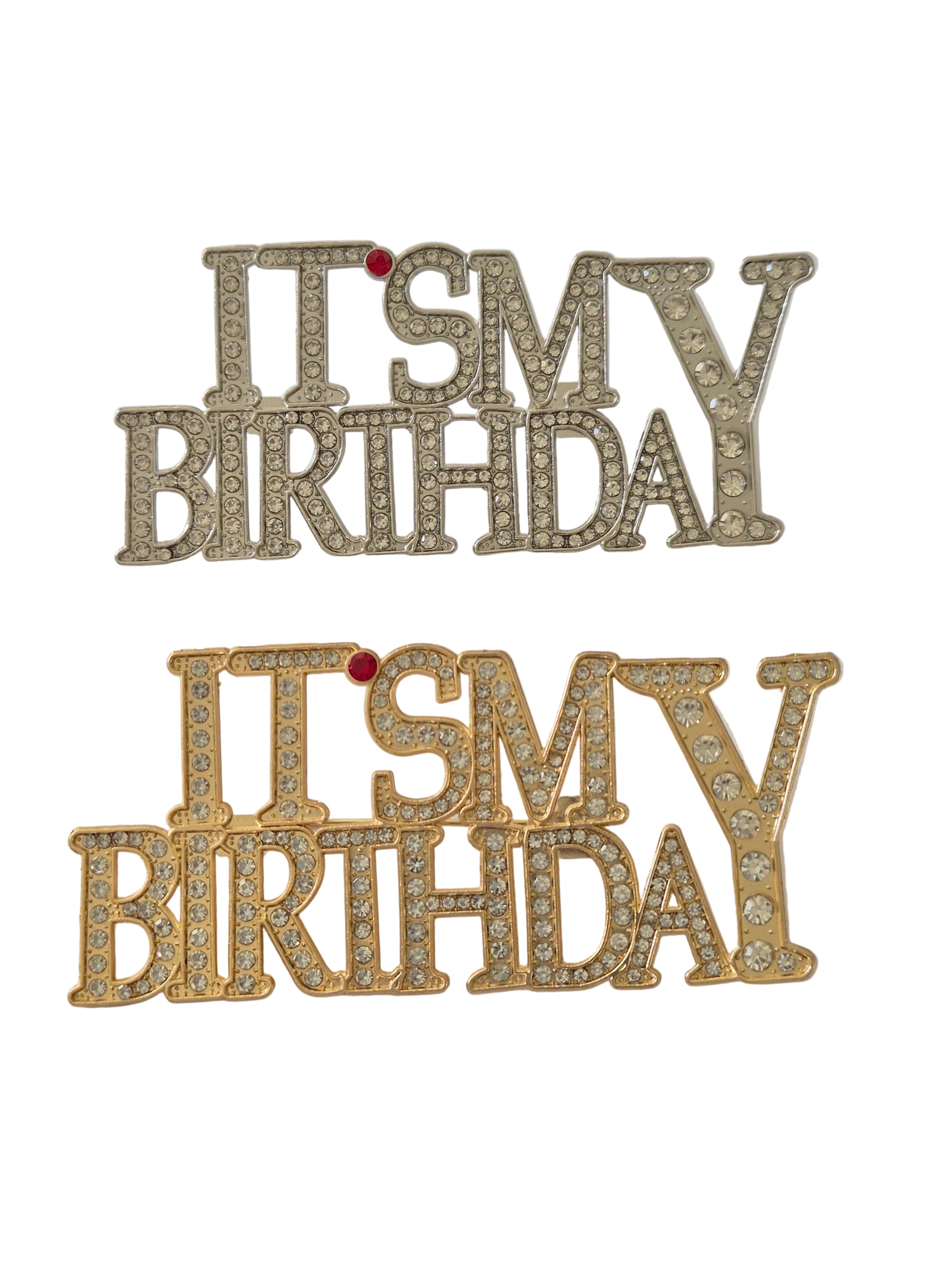 its my birthday brooch with rhinestone detail text on a light gray background