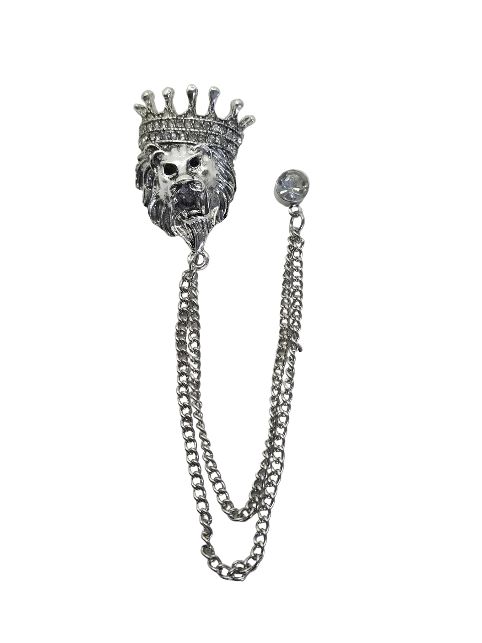 Silver-tone lion head brooch with a rhinestone detail crown, attached to a double chain with a rhinestone bead, on a white background.