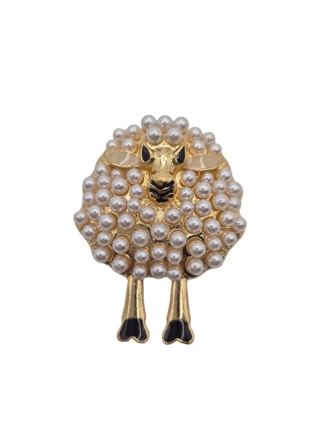 Sheep brooch with pearl-like beads on a white background