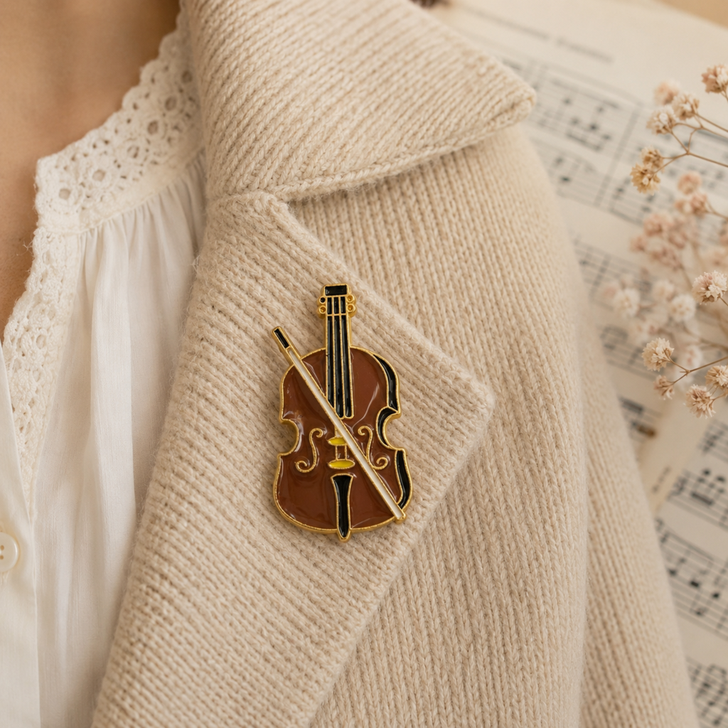 A violin-shaped enamel lapel pin with a bow, pinned to the chest of a person wearing a cream knit cardigan over a white blouse, with sheet music and dried flowers in the background.