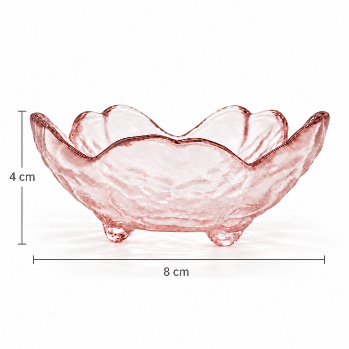 A pink textured glass bowl with a scalloped rim and small feet, shown on a white background with dimension lines indicating 8 cm width and 4 cm height.