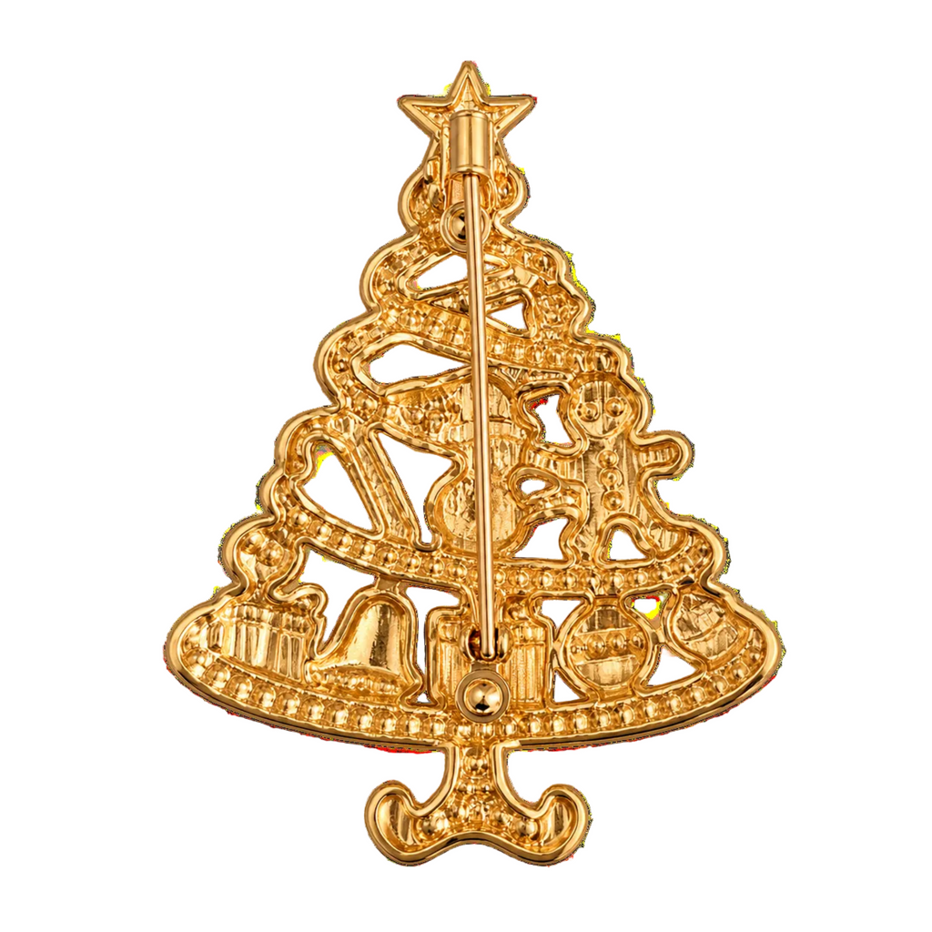 A gold Christmas tree-shaped brooch featuring embossed holiday motifs including a star, ornaments, gifts, and bells, shown on a plain white background.