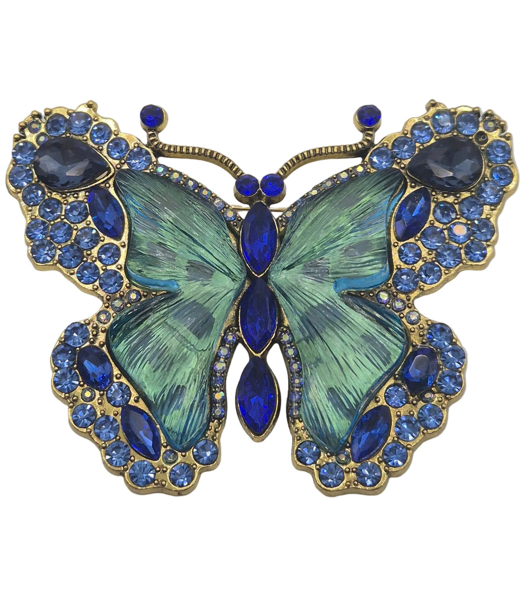 Large blue and gold butterfly brooch with rhinestones