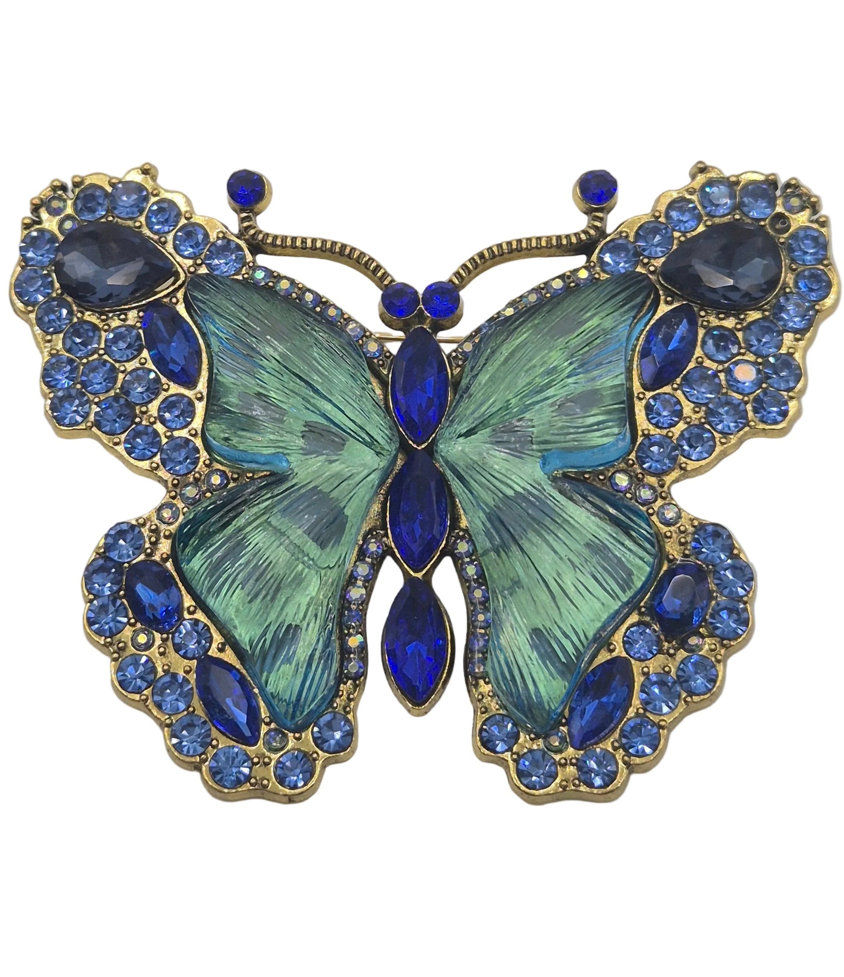 Large blue and gold butterfly brooch with rhinestones
