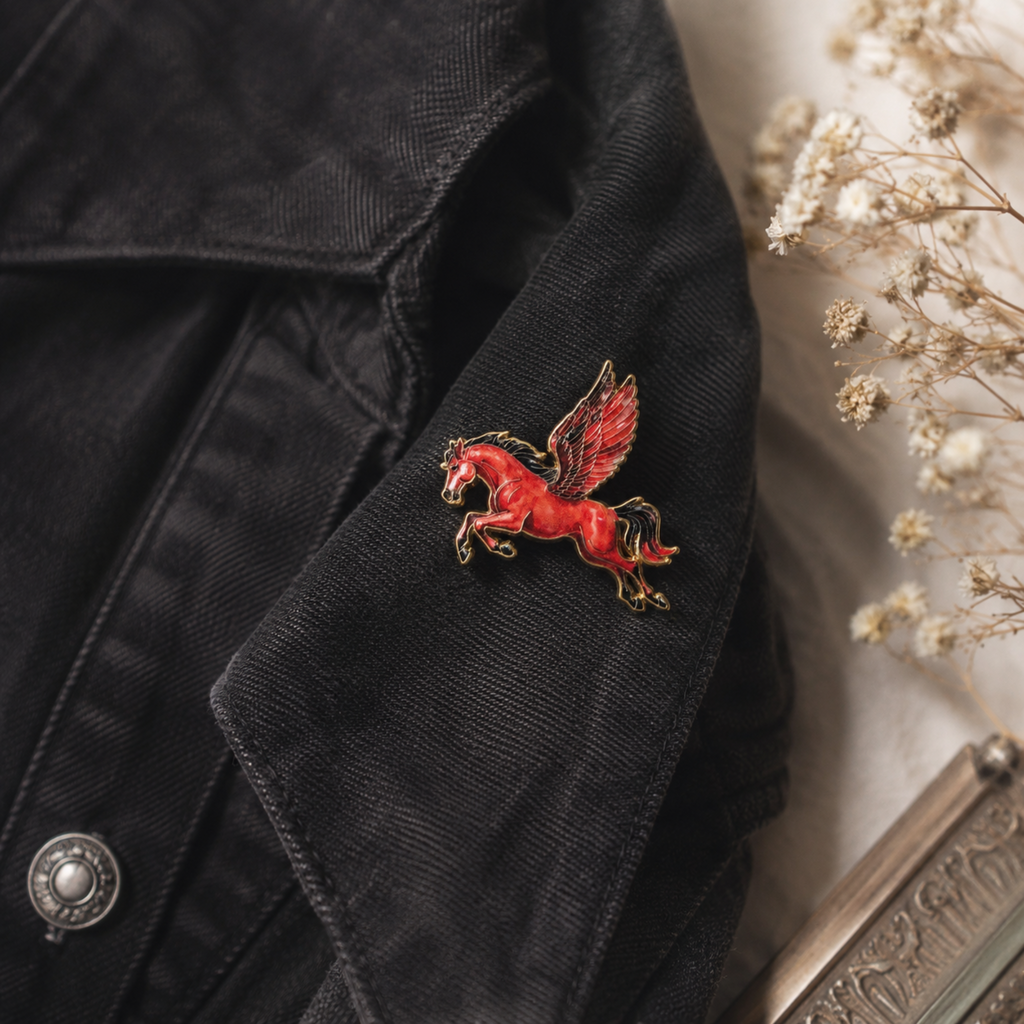 A red and gold enamel pegasus pin brooch pinned to the shoulder of a black denim jacket, styled with dried white flowers on a neutral background.