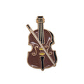 A violin-shaped enamel pin with a brown body, black neck and f-hole details, gold trim, and a white bow, shown on a plain white background.
