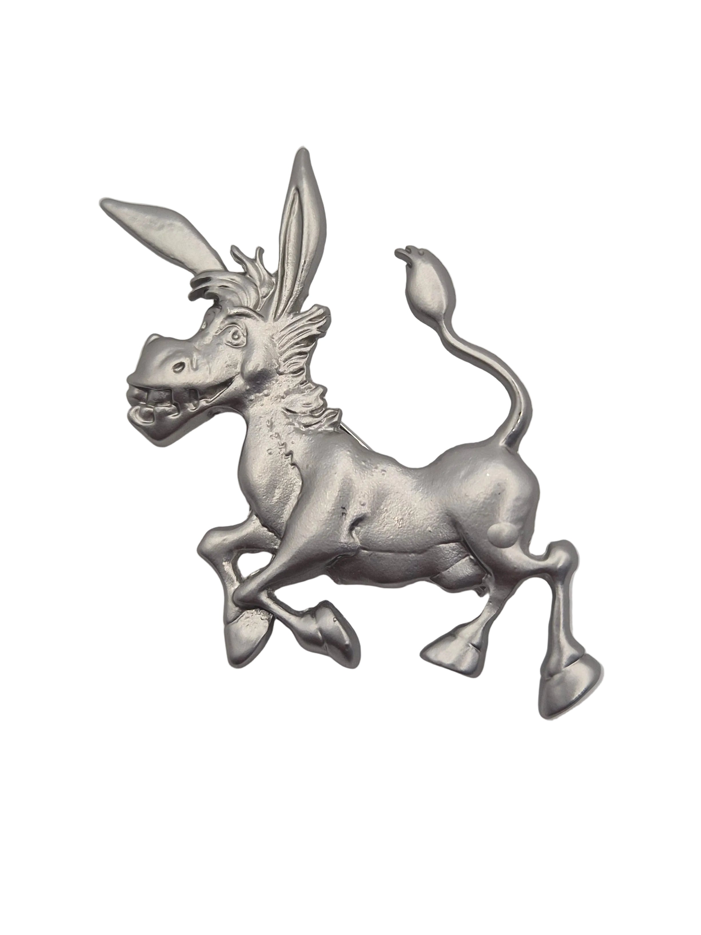 A metallic silver donkey figurine or charm, shown in a three-quarter side profile against a plain white background.