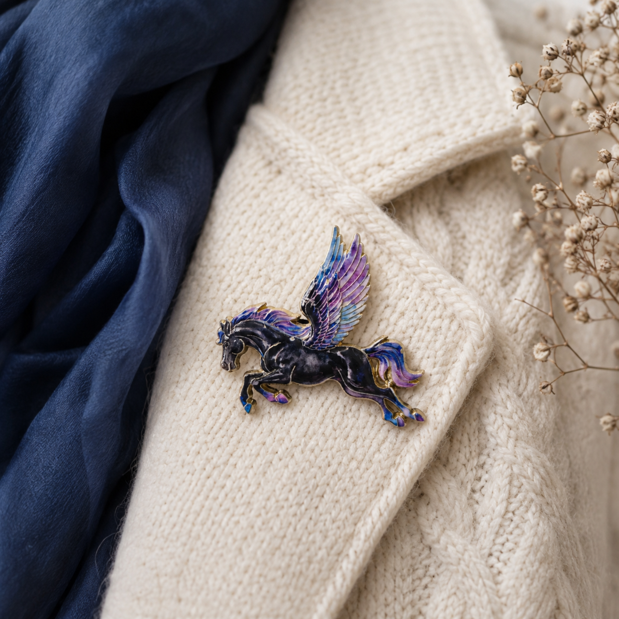 A detailed enamel pin of a winged Pegasus in black with vibrant purple, blue, and gold accents, pinned onto a cream-colored cable-knit sweater. A navy blue scarf and dried baby's breath flowers are styled around it.